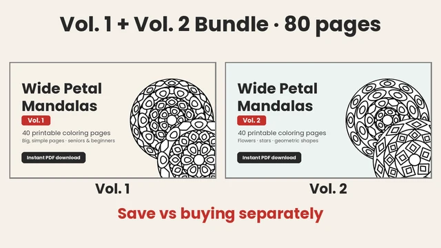 Wide Petal Mandalas Vol. 1 and Vol. 2 printable coloring book covers side by side