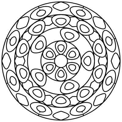 Flower mandala coloring page with wide oval petals around a round center
